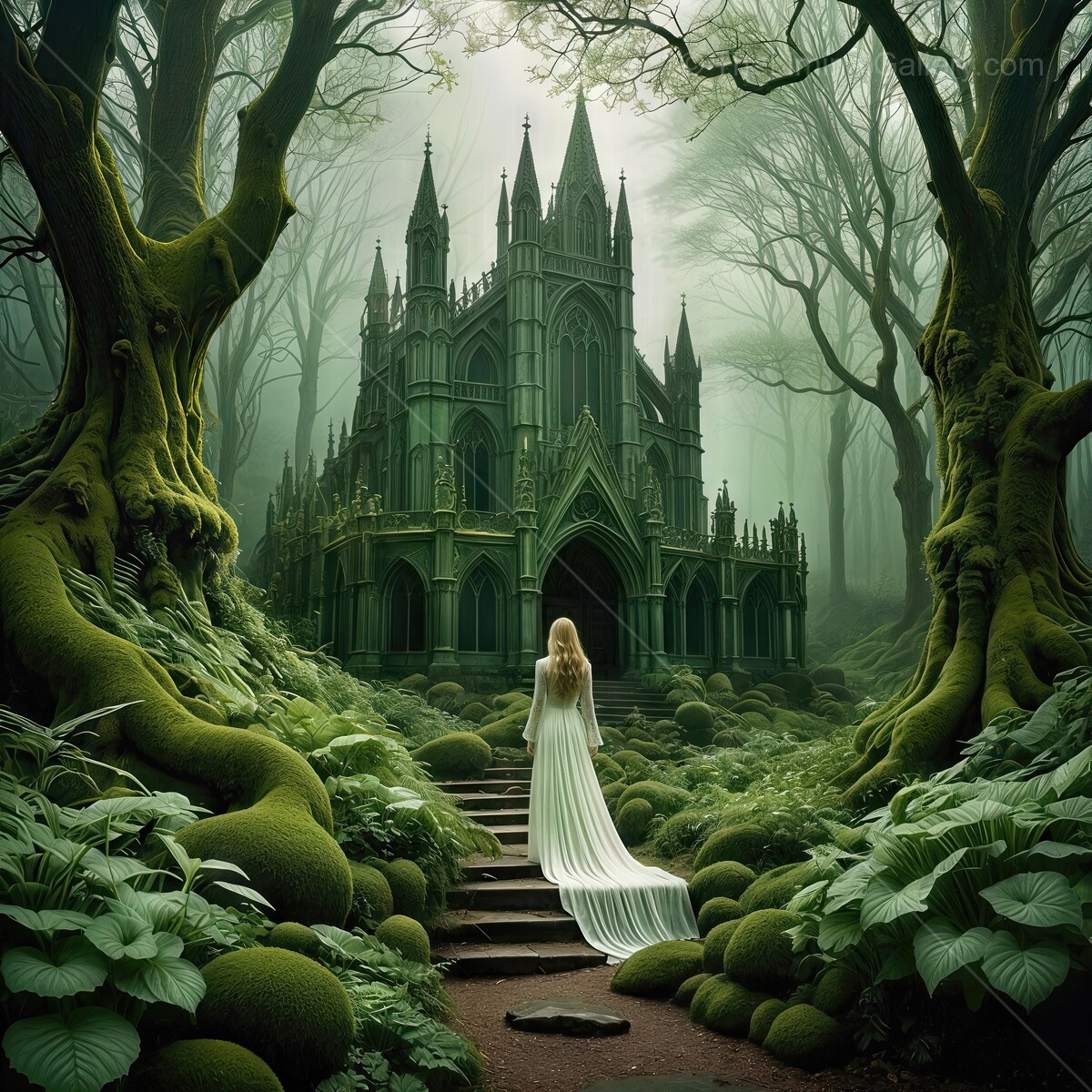 Enigmatic woman in white gown approaches ancient moss-covered cathedral in a mystical forest