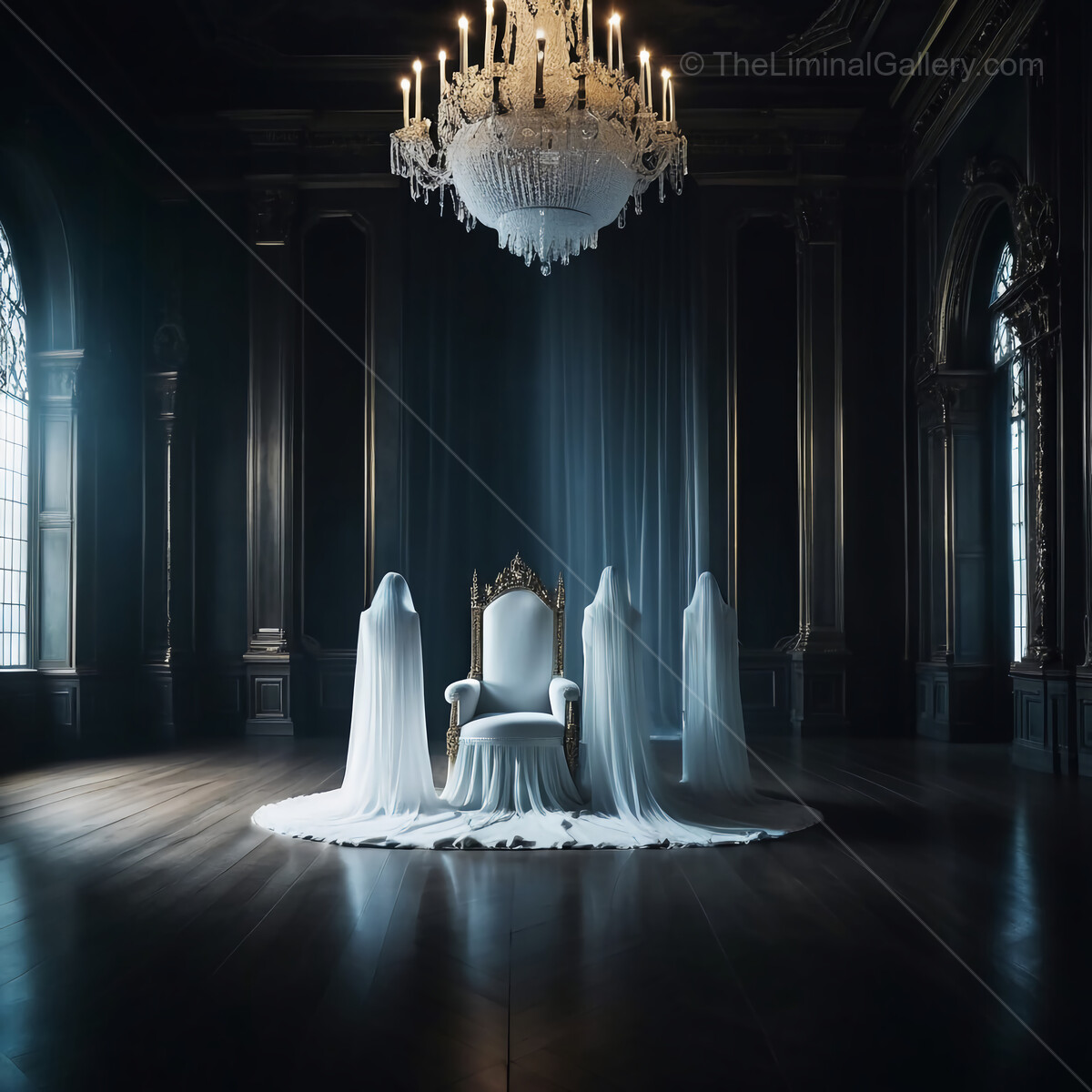 Ethereal silhouettes gather in a grand, dimly lit room under the glow of a majestic chandelier