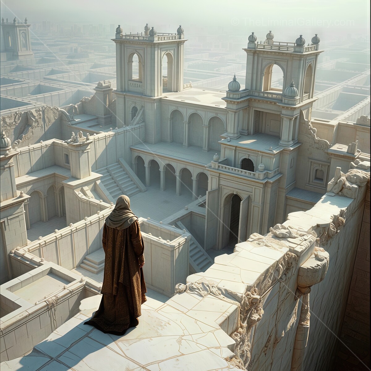 Mesmerizing exploration of ancient ruins at dawn with a lone figure gazing over a vast landscape
