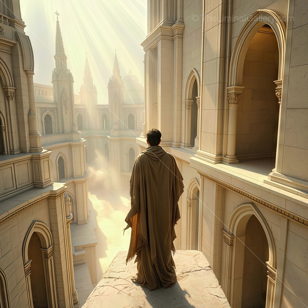 Exploring the grandeur of an ethereal realm under luminous beams of light