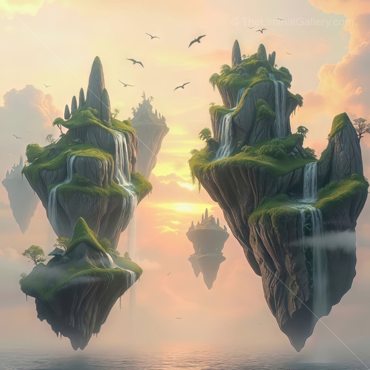 Floating islands under a vibrant sunset with cascading waterfalls and soaring birds