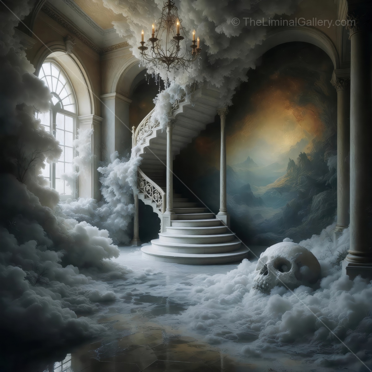 Mysterious staircase enveloped in fog with a haunting skull in an enchanting, atmospheric setting