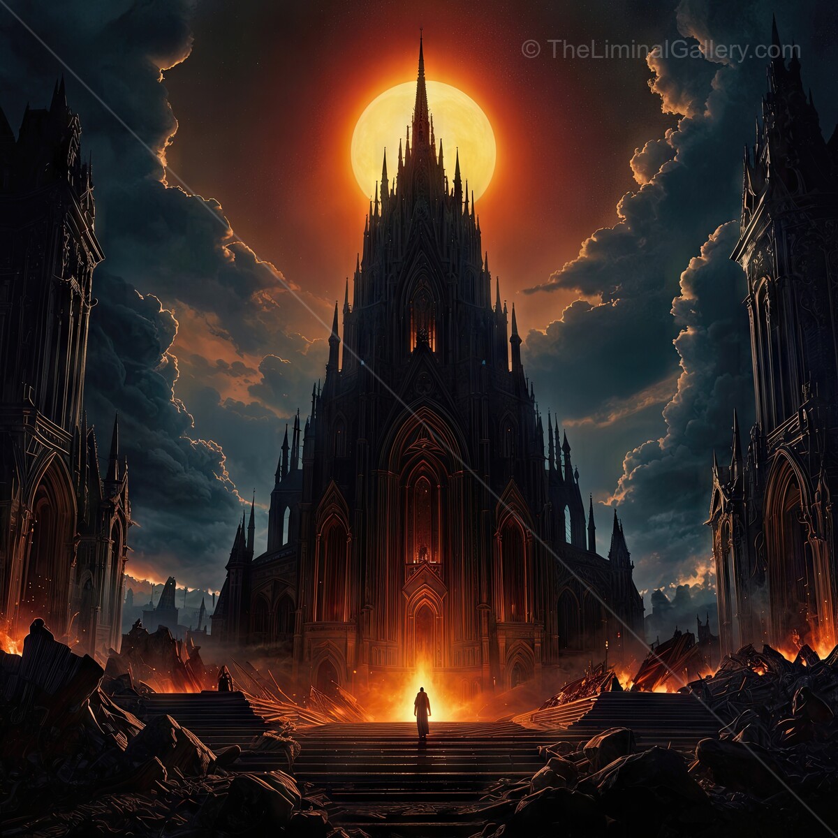Majestic gothic castle illuminated by a fiery sunset with ominous clouds surrounding the scene