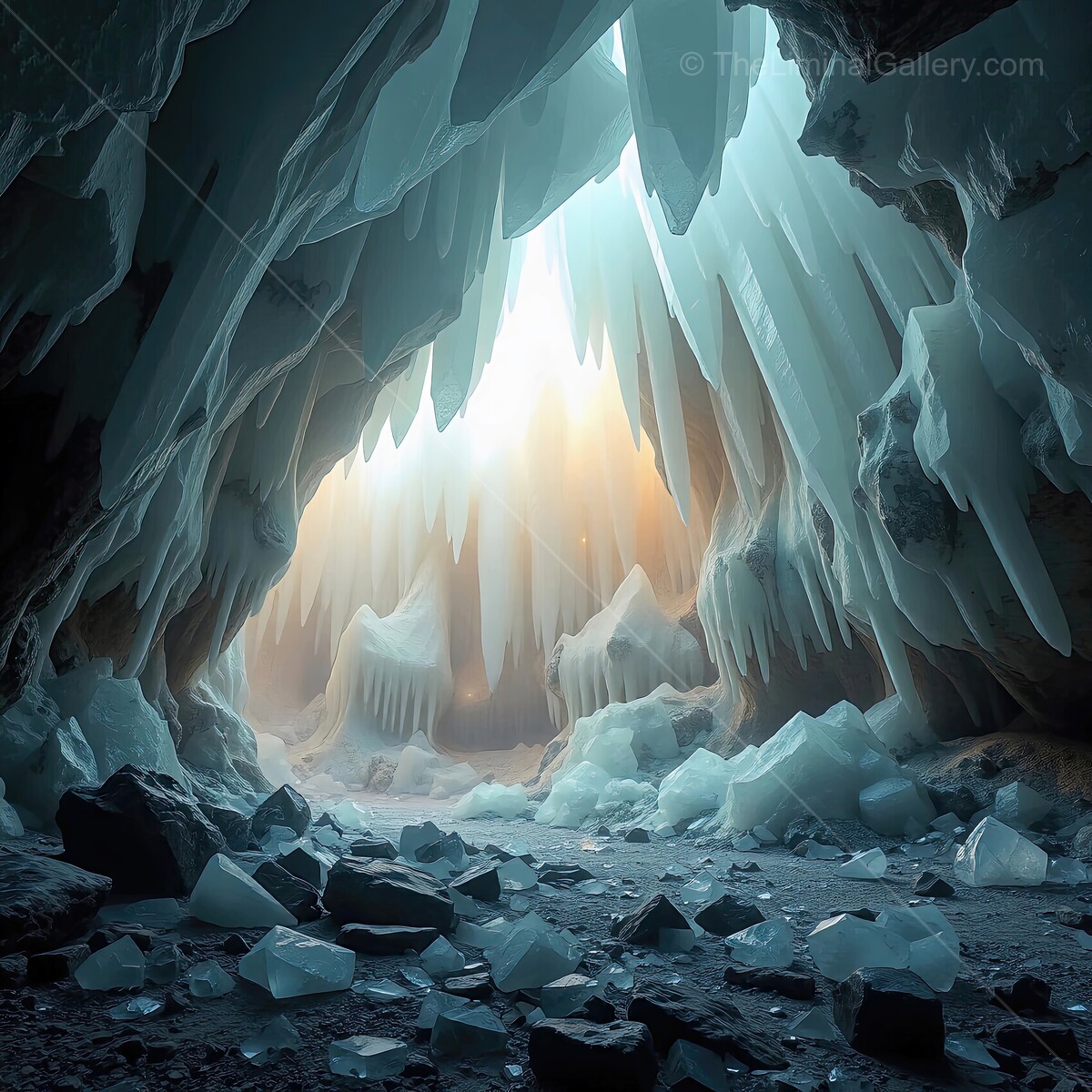 Majestic ice formations glow softly in the tranquility of a hidden cave at dawn