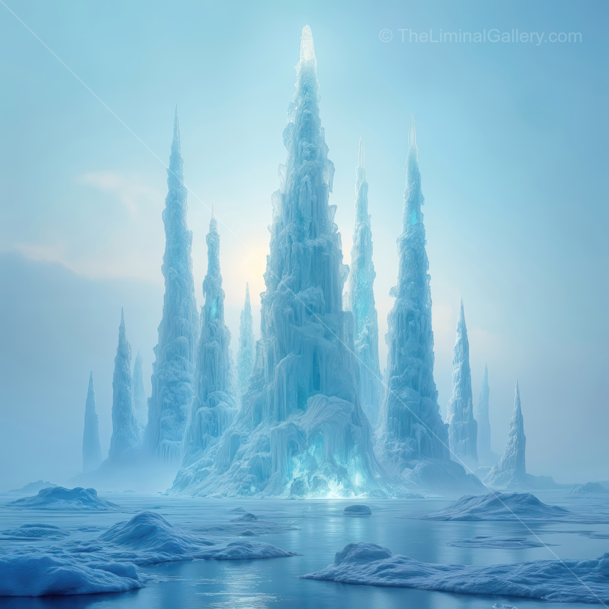 Majestic ice spires rise into a misty sky, capturing the ethereal beauty of a frozen landscape in early morning light