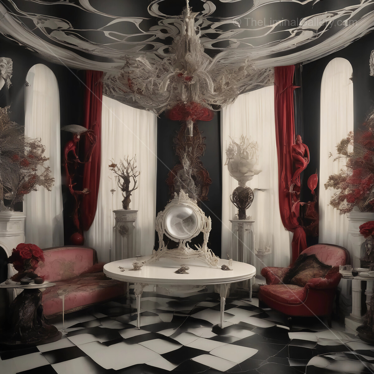 Intricate decor and enchanting atmosphere in a lavish artistic room featuring striking contrasts and imaginative details