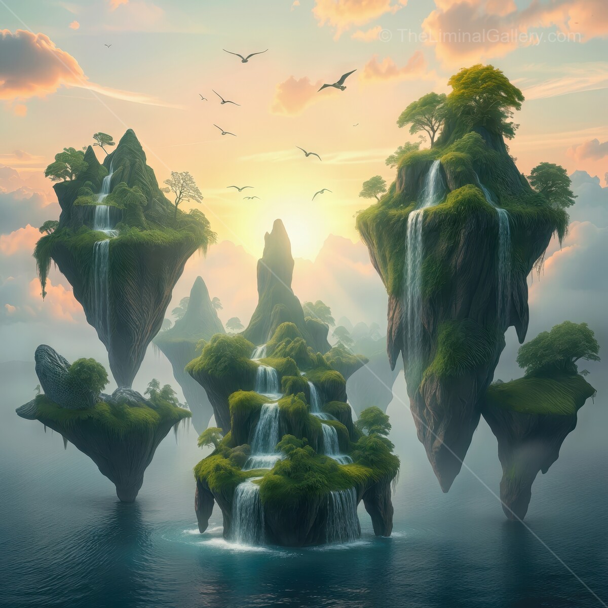 Majestic floating islands adorned with cascading waterfalls under a golden sunrise