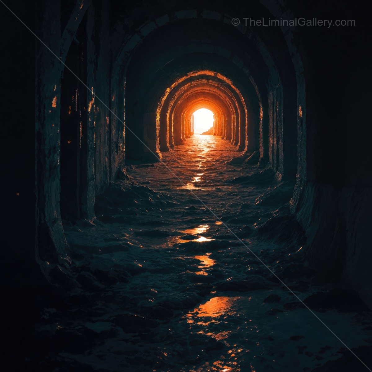 Light streaming through a tunnel at dusk with shimmering water on the ground inviting exploration