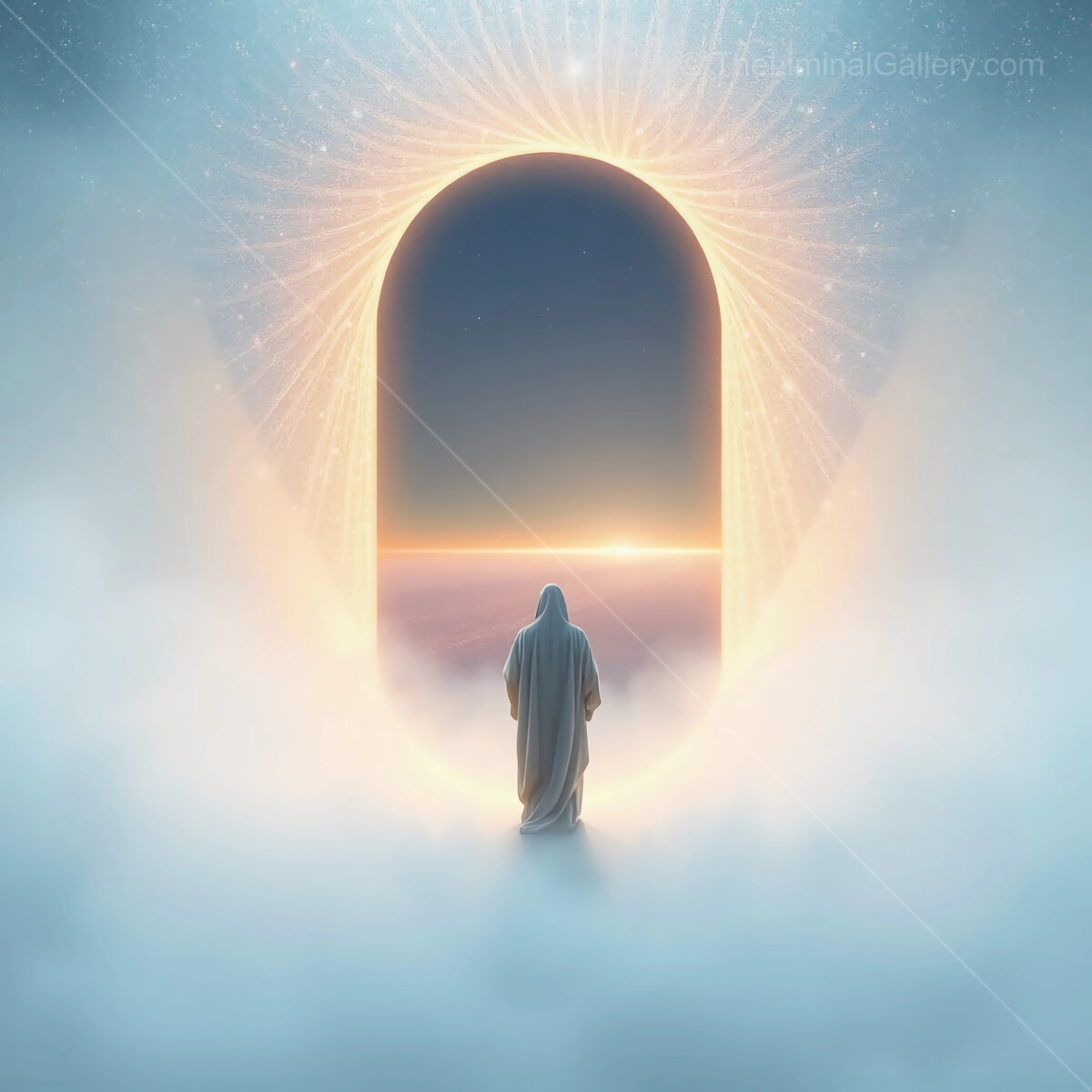 Ethereal figure standing before a luminous archway at dawn in a serene misty landscape