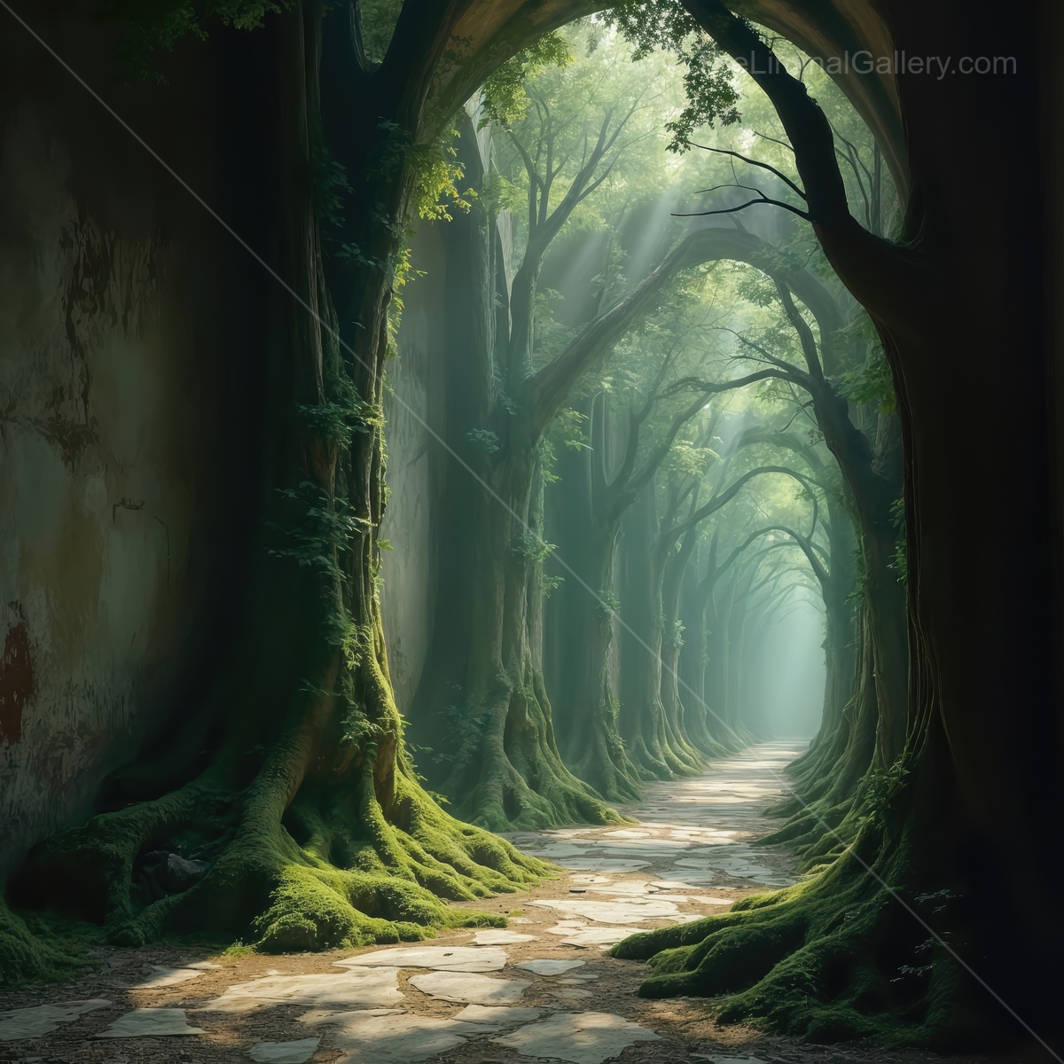 Mystical pathway through a lush forest, light filtering through ancient trees in early morning serenity