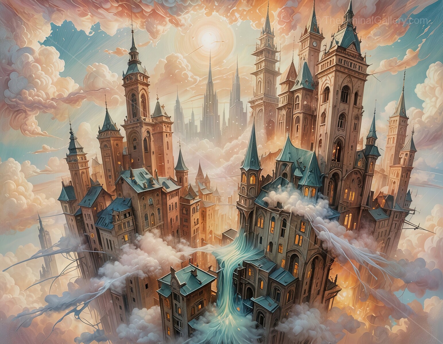Majestic castle city rising above clouds at sunset with enchanting light effects