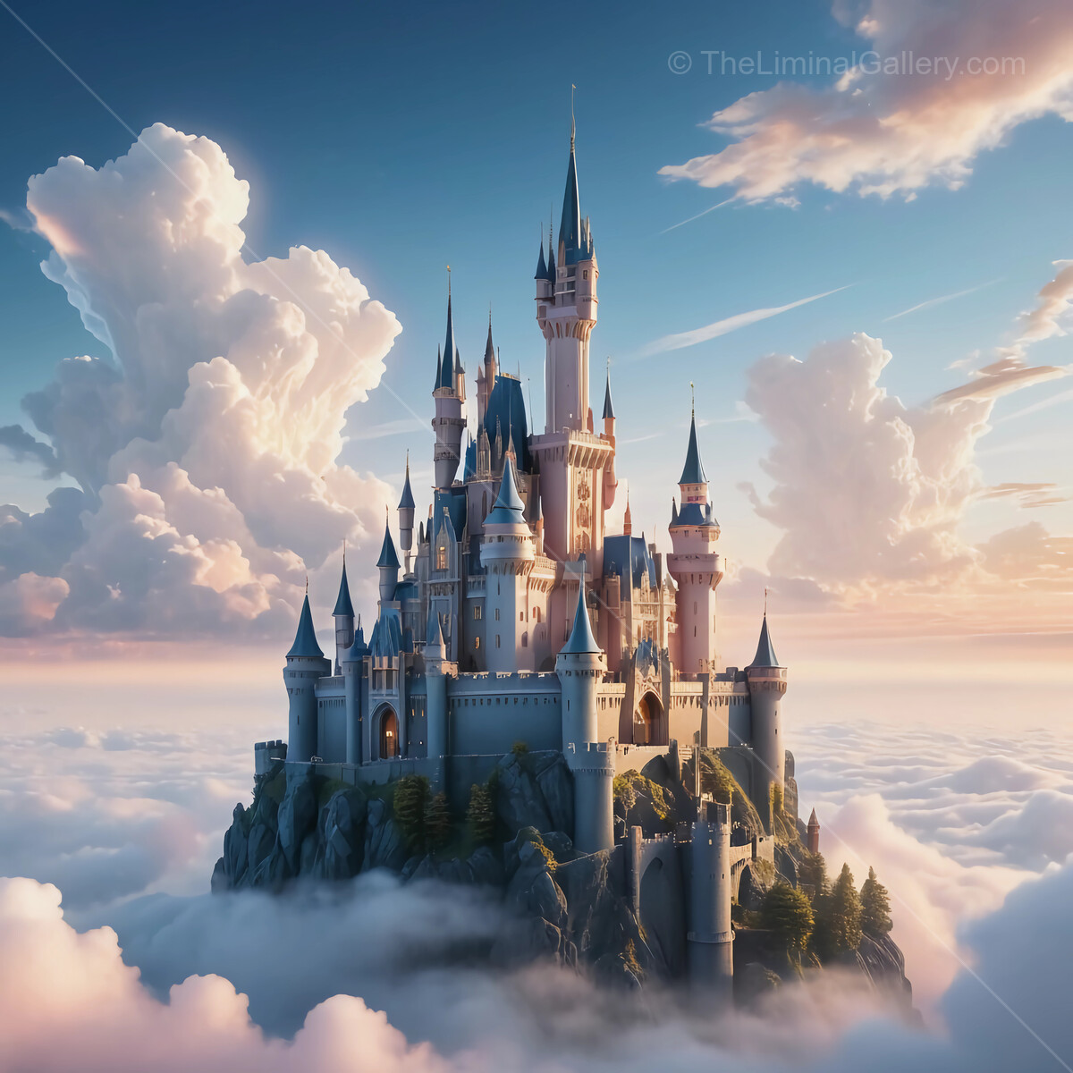 Majestic fantasy castle rising above the clouds with a stunning sunset backdrop