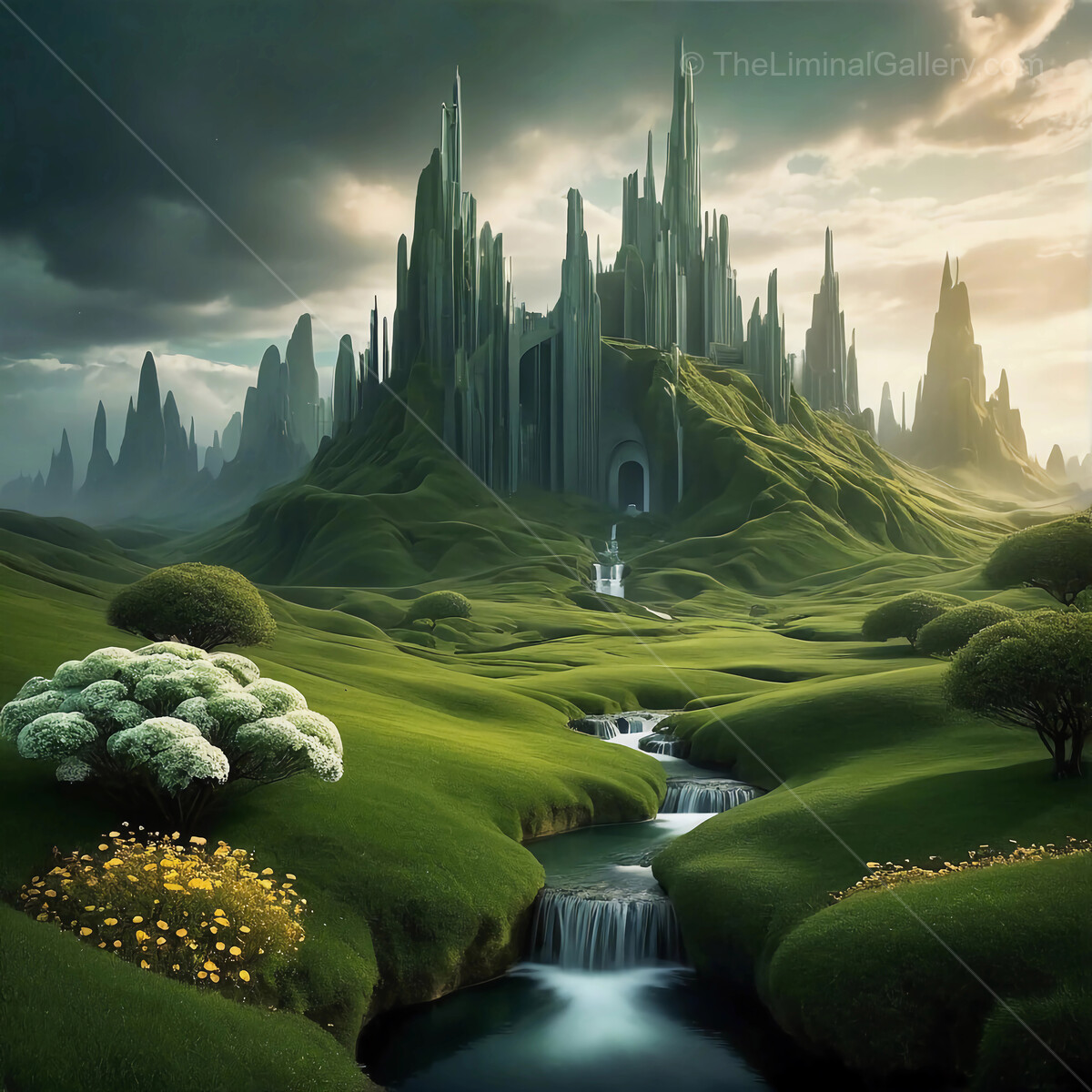 Majestic fantasy castle rises above lush green hills with flowing streams at twilight, creating a mystical landscape