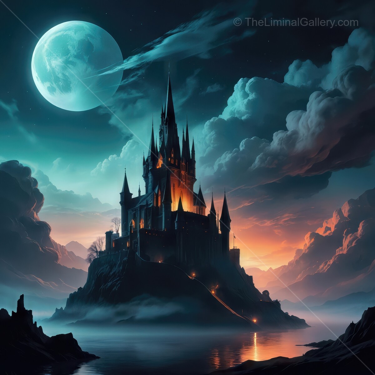 Majestic gothic castle on a rocky island under a glowing moonlight during twilight