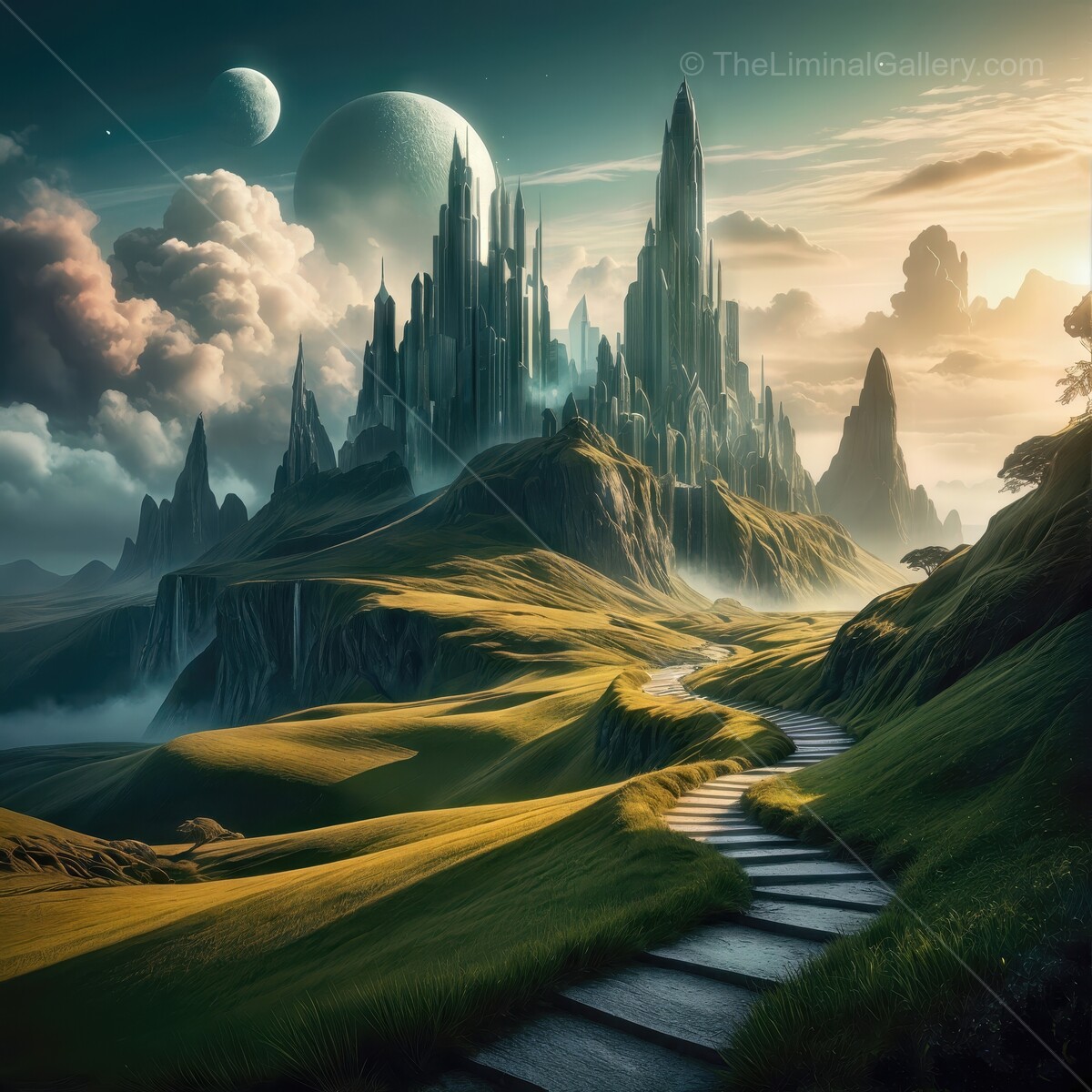 Majestic castle rises atop rolling hills under a starlit sky in a fantasy landscape at twilight