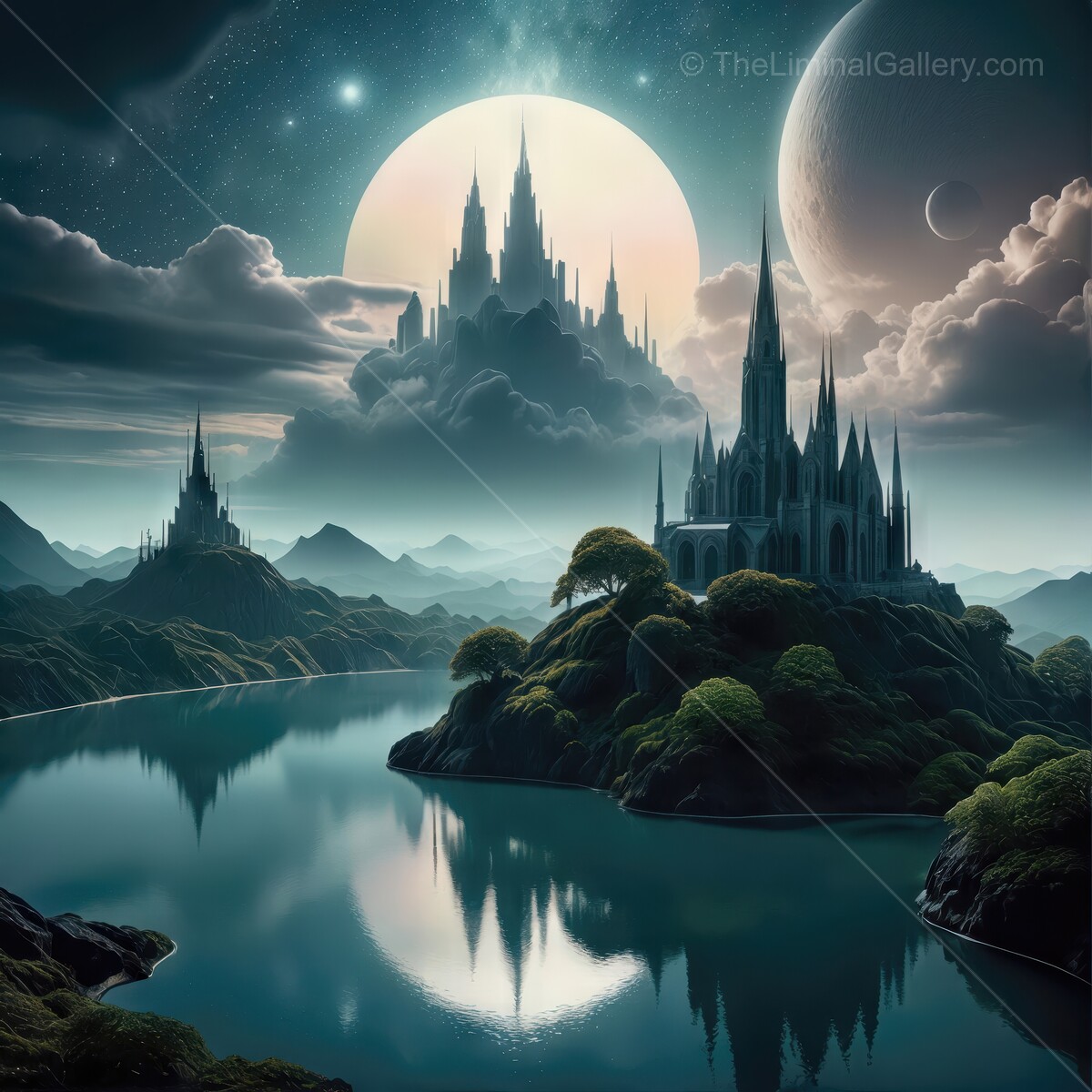 Majestic castles rise above serene waters under the glow of two magnificent moons