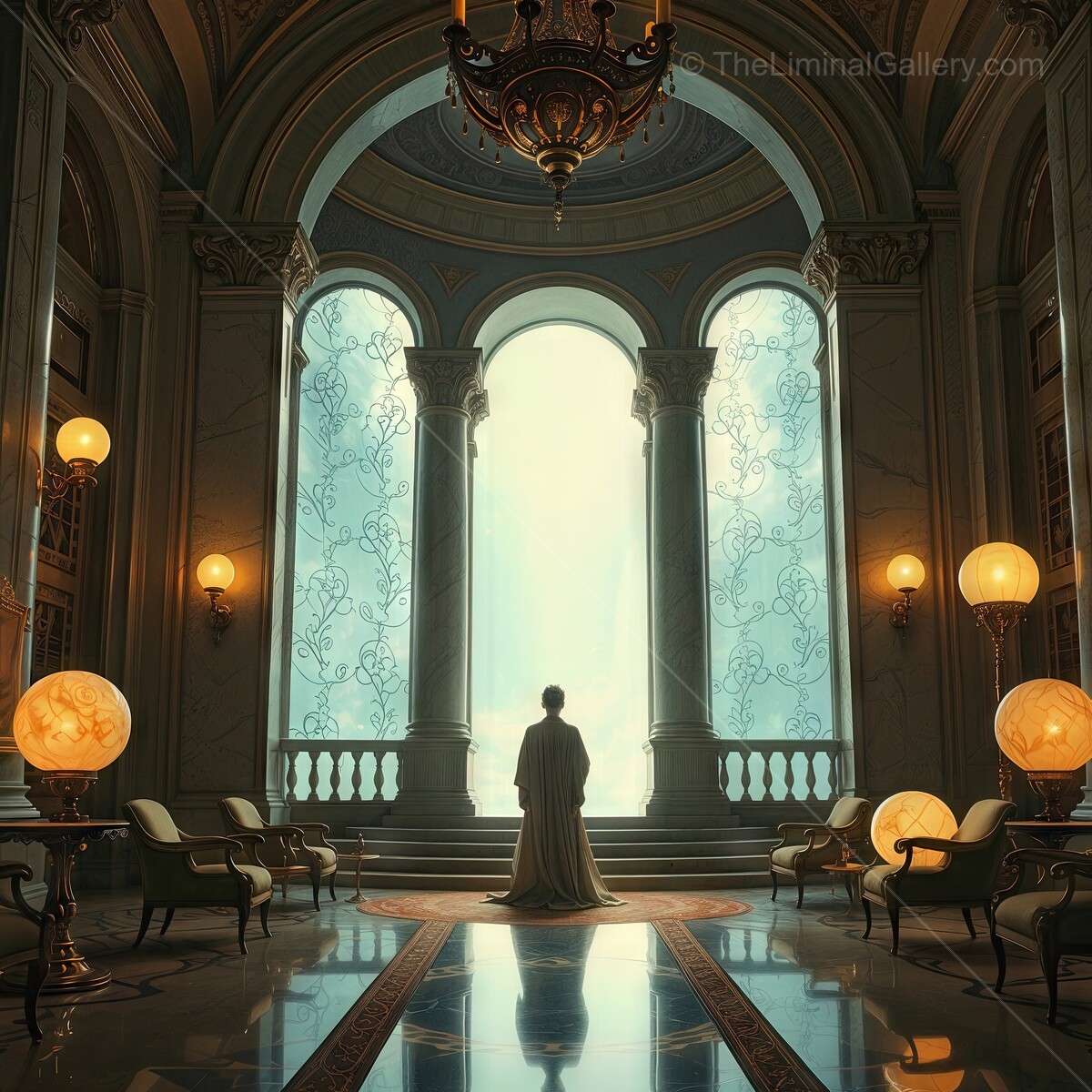 Majestic king gazes through grand windows in an opulent hall at dawn