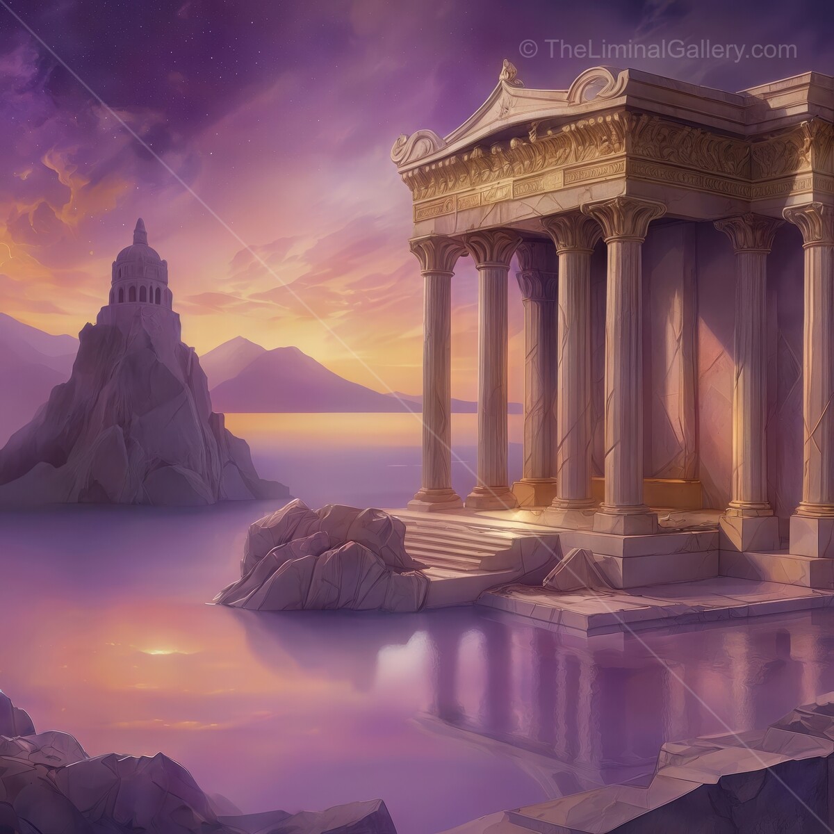 Majestic Greek ruins reflect on still waters as the sun sets in a mythical landscape