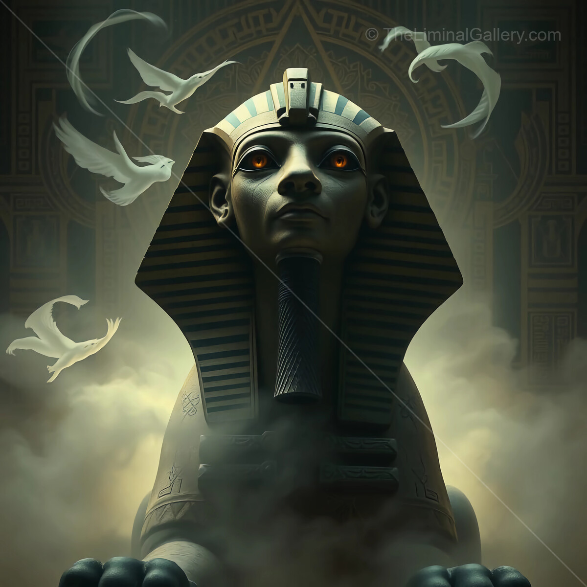 Majestic sphinx stands guard in ancient Egyptian landscape amidst swirling mist and mysterious birds