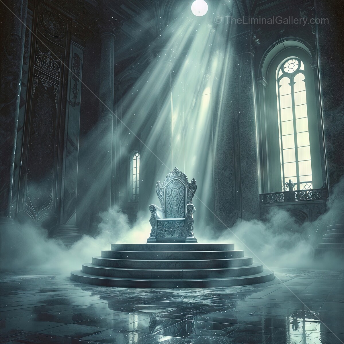 Majestic throne illuminated by moonlight in a mystical castle chamber