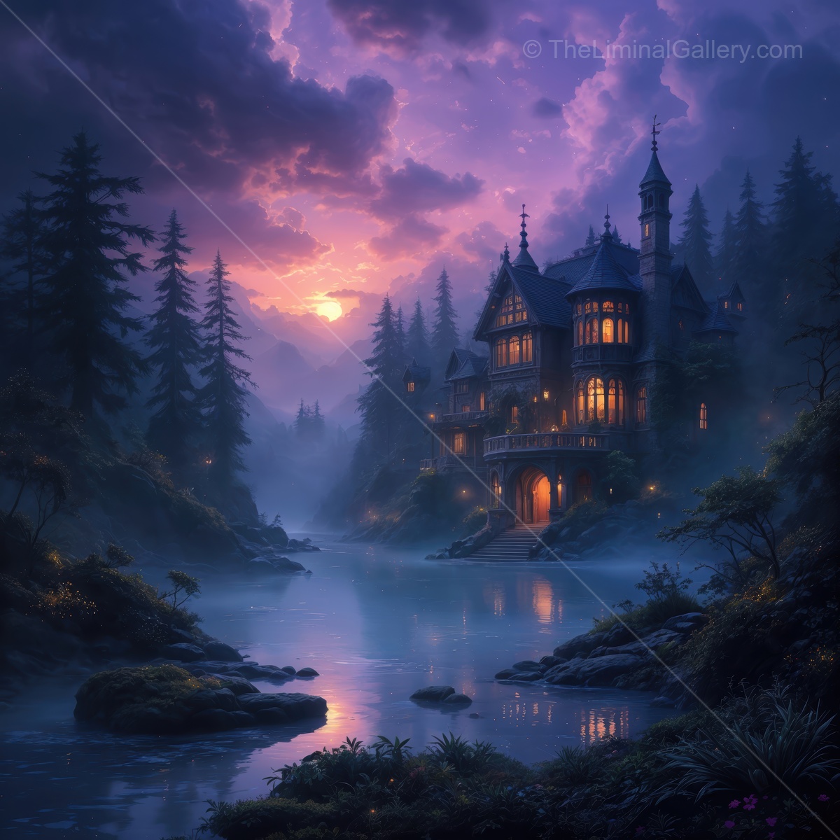 Mysterious mansion surrounded by fog under a vibrant sunset sky near a tranquil lake