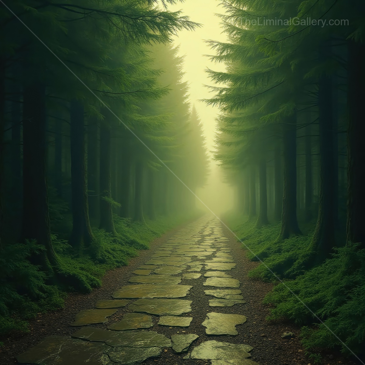 Misty forest pathway invites exploration through tall trees and soft green light of early morning
