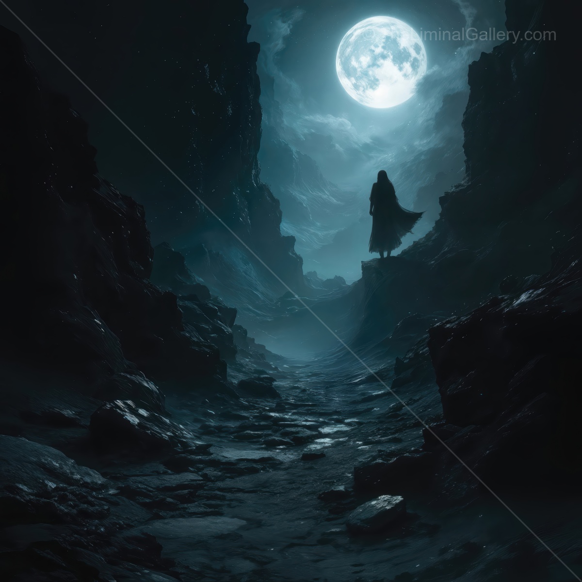 Mysterious figure walking through a moonlit canyon at night with shadows dancing around