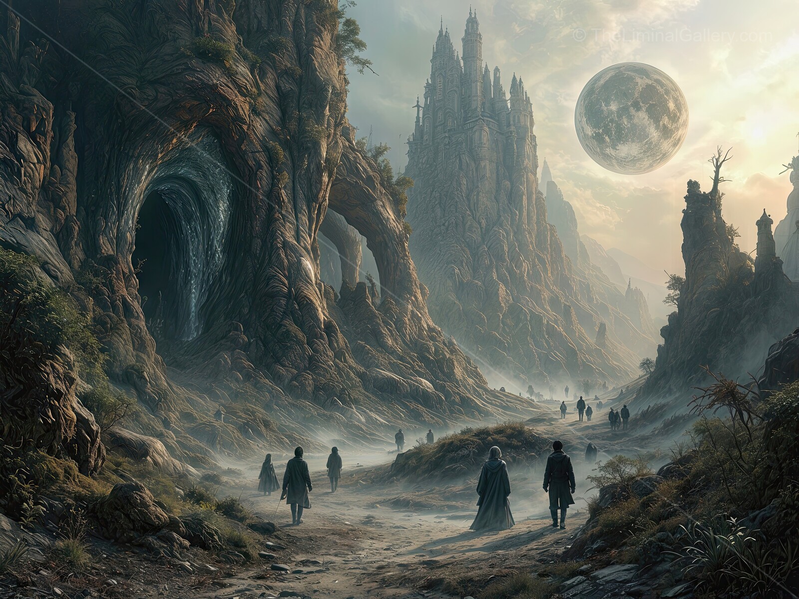 Mystical landscapes with ancient castles under the glowing moon in a distant sci-fi world
