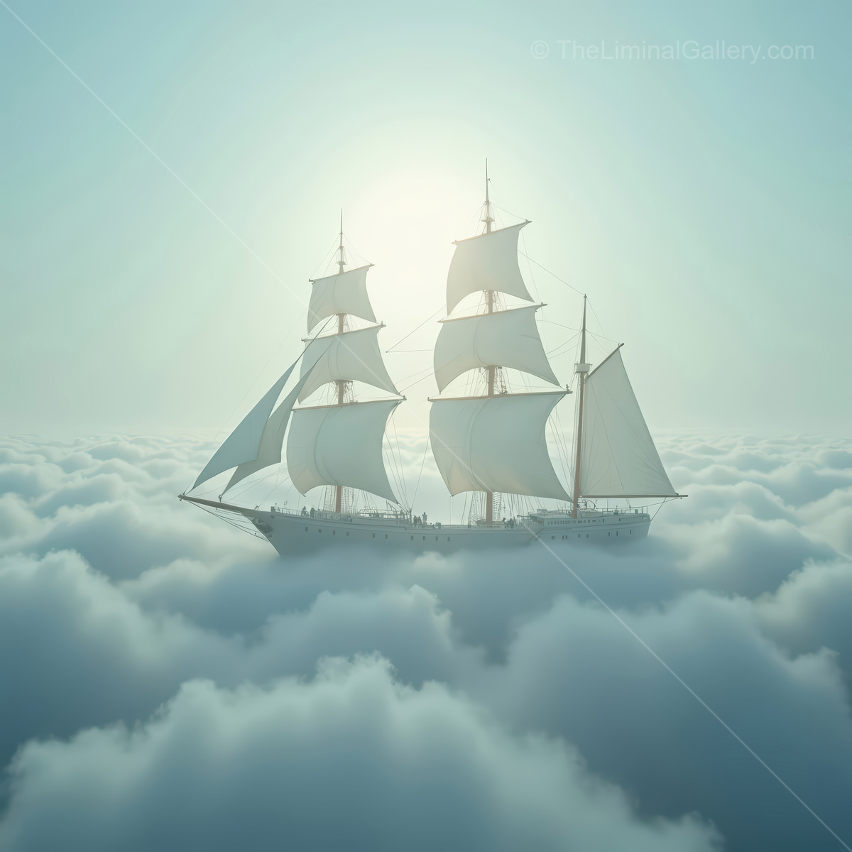 A majestic airship sails through glowing morning clouds, sunbeams piercing mist to illuminate its hull and conjure a dreamscape of adventure and serenity
