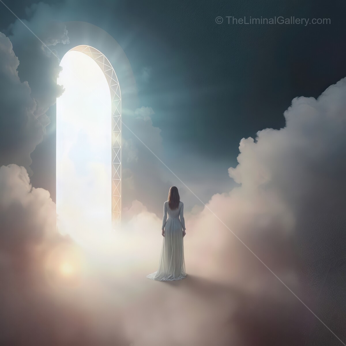 Mysterious door emerging from clouds invites a journey into the unknown