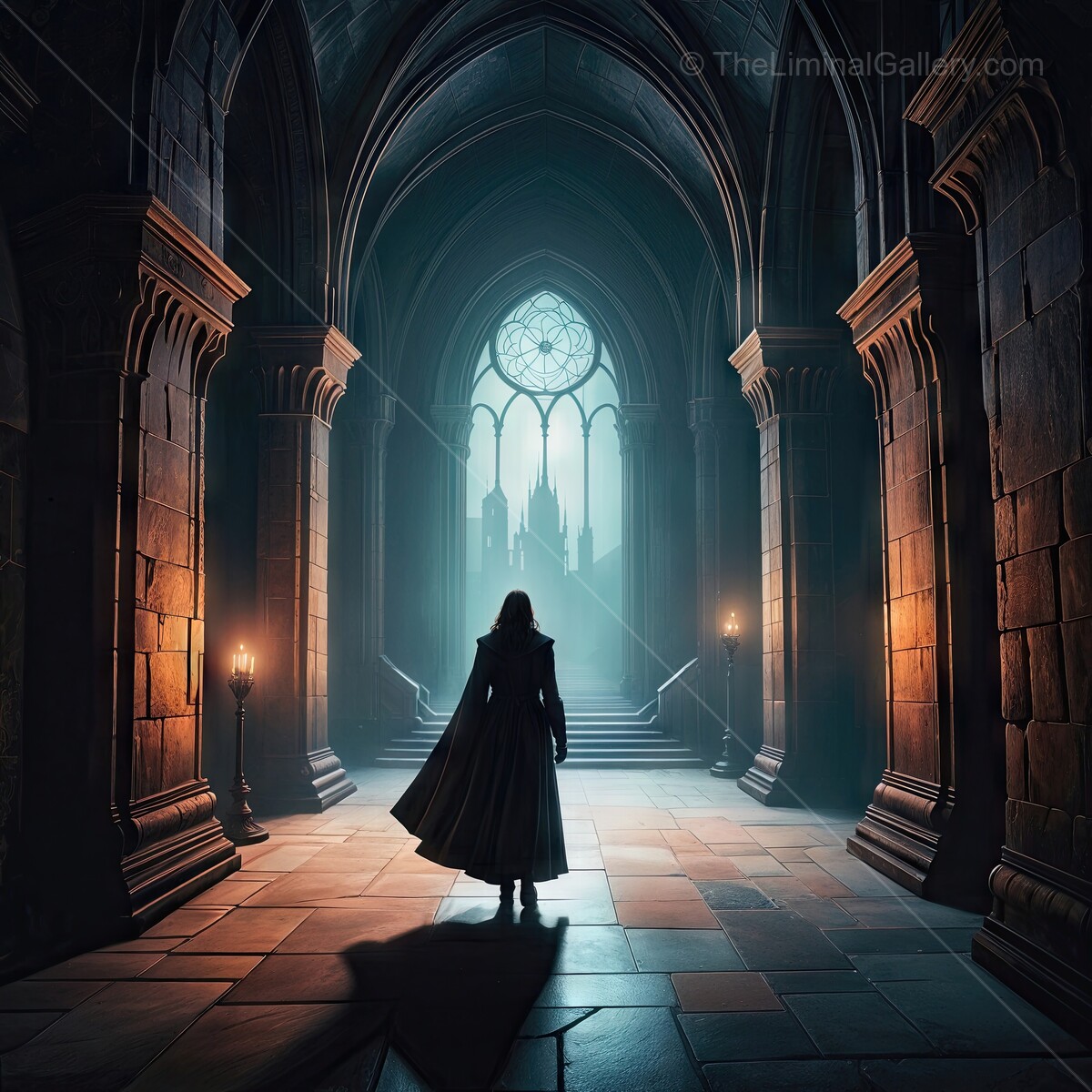 Mysterious vampire hunter exploring ancient cathedral at twilight, shadows dancing with flickering light