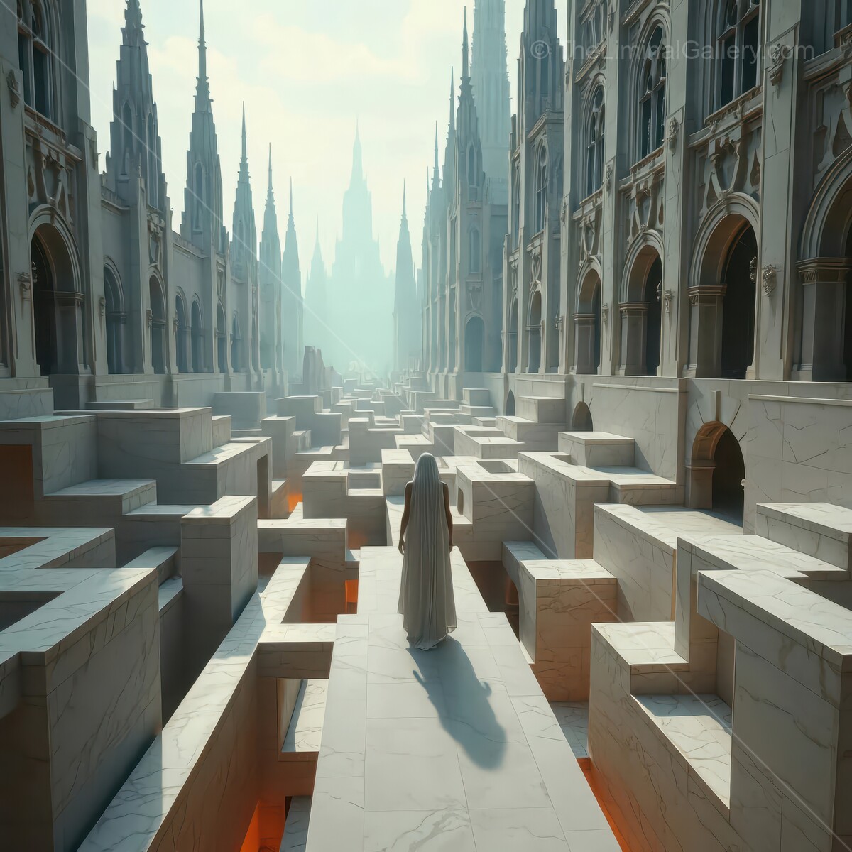 Mysterious figure exploring a surreal labyrinthine landscape at dawn