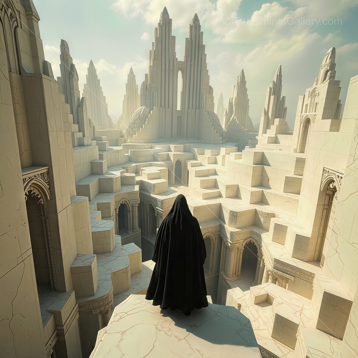 Mysterious figure overlooking a surreal landscape of ancient stone ruins at twilight