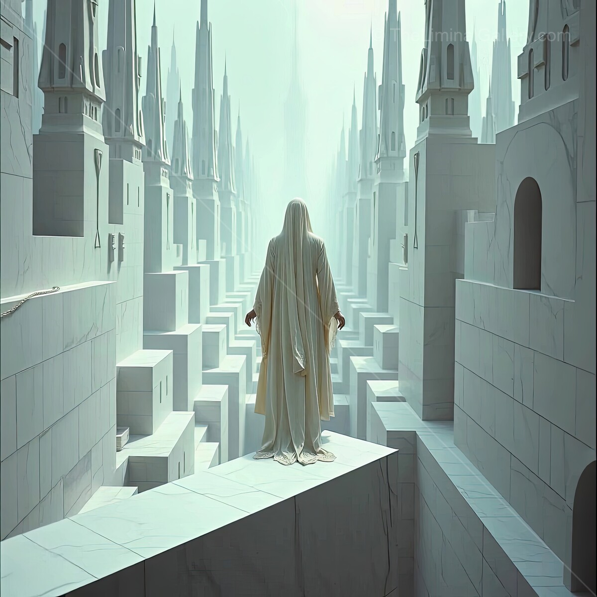 Mysterious figure overlooks a surreal landscape of towering spires and endless pathways bathed in ethereal light