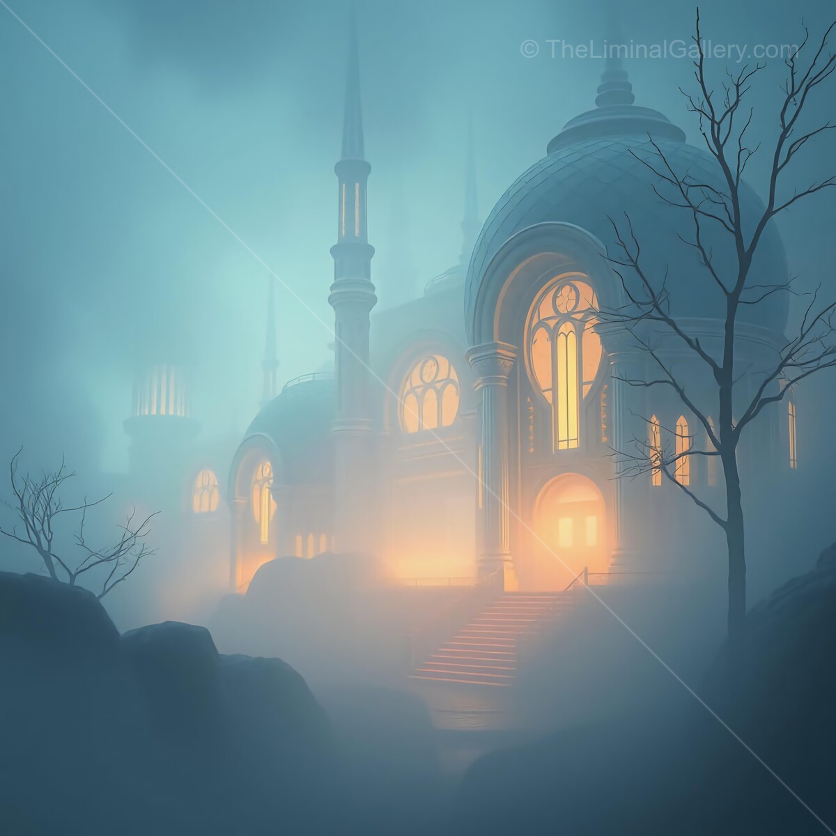 Mysterious illuminated castle shrouded in fog during twilight hours creates enchanting atmosphere