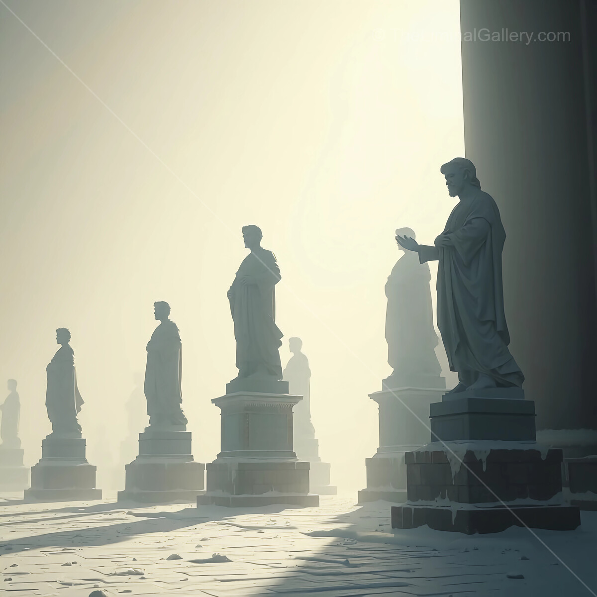 Mysterious liminal morning fog blankets ancient statues in a serene outdoor setting