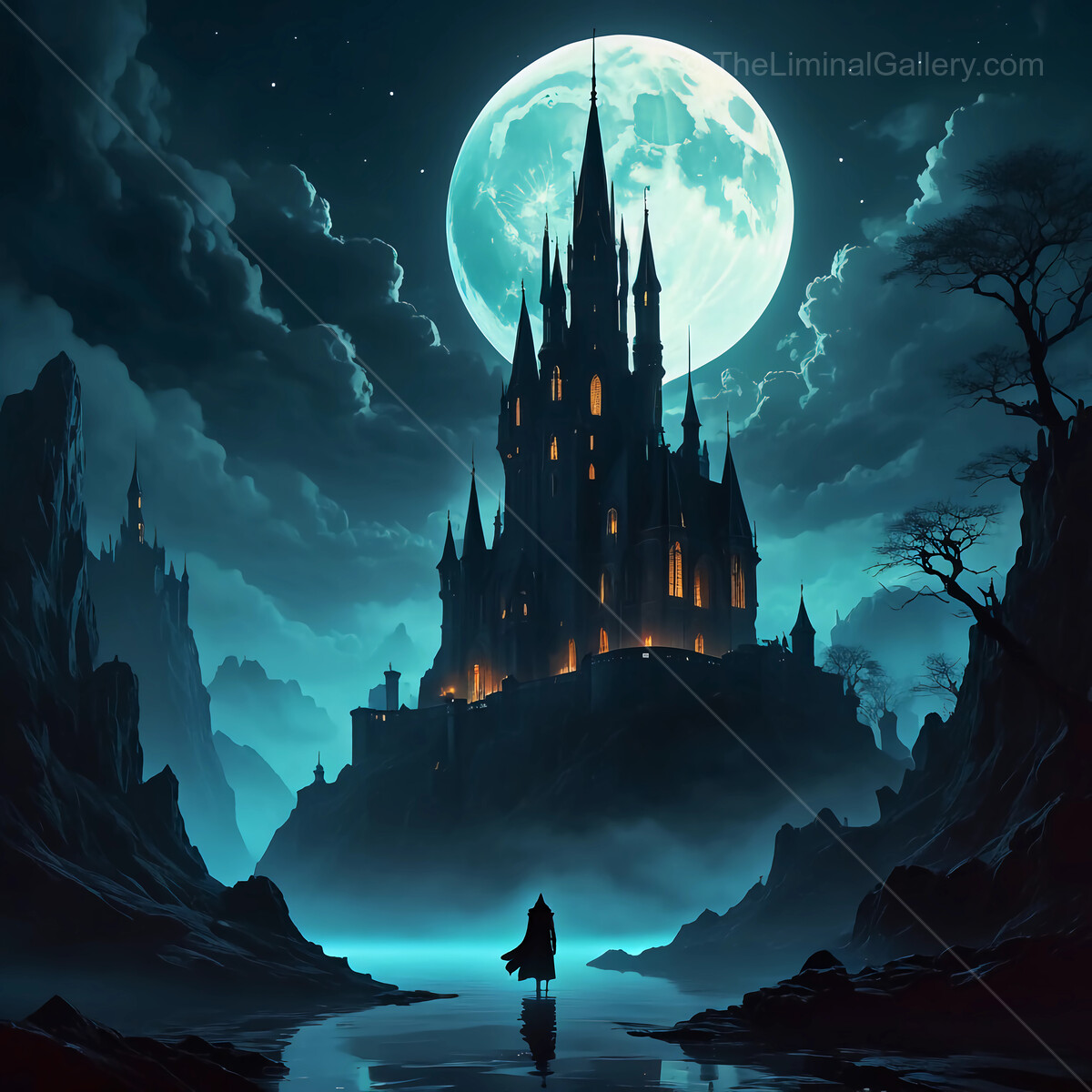 Mystical castle under a radiant moonlight by the serene lake at night