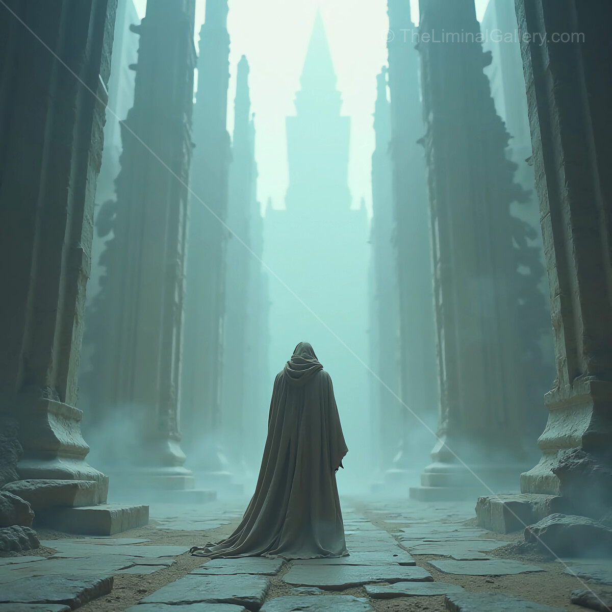 Mystical figure walks through ancient ruins shrouded in mist at dawn