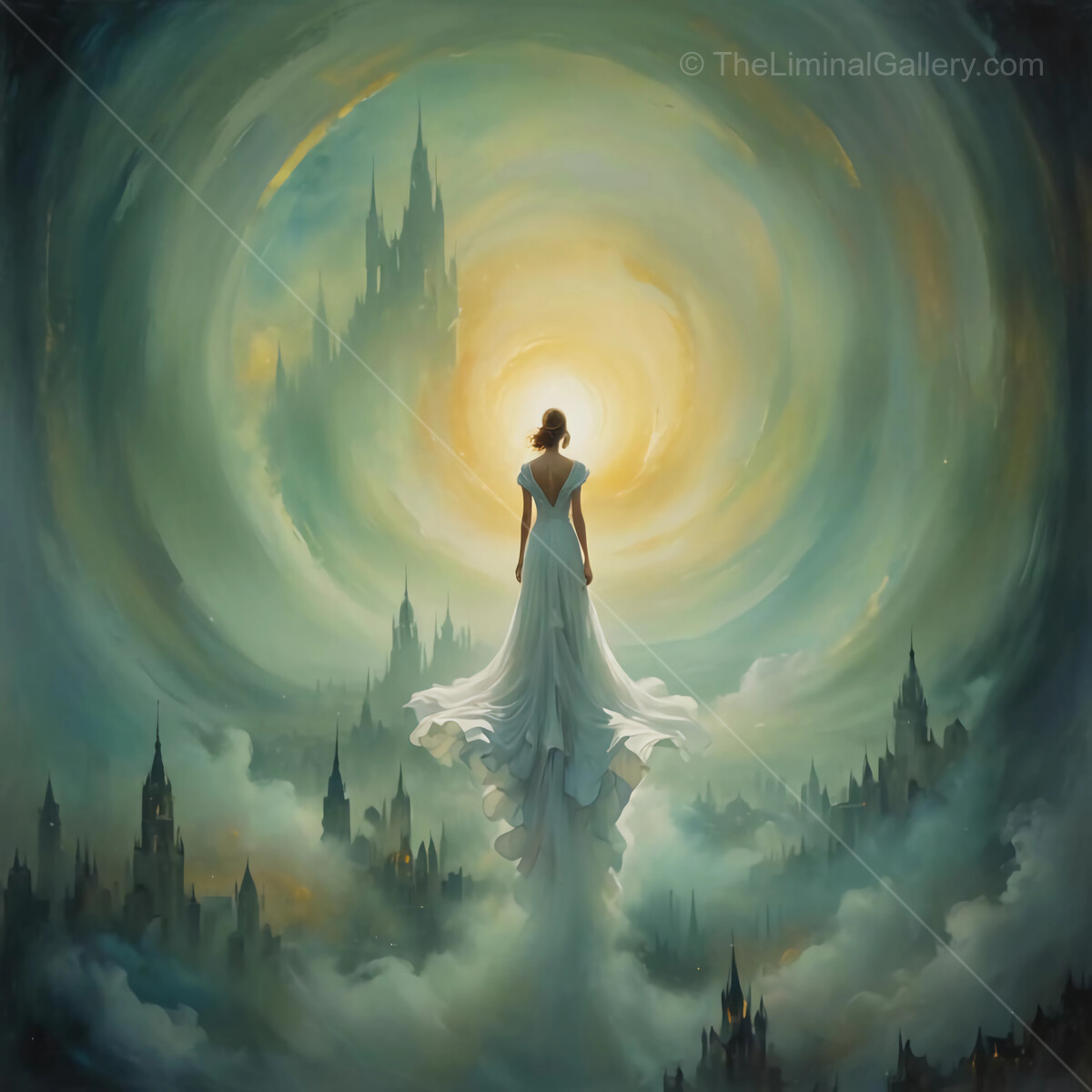 Mystical ascent of a liminal woman gazing into a bright celestial horizon over ethereal towers