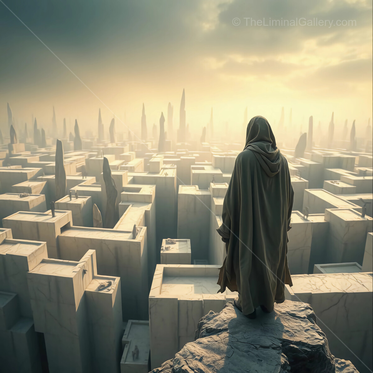 Mystical figure gazing over a vast labyrinth of towering stone structures at twilight