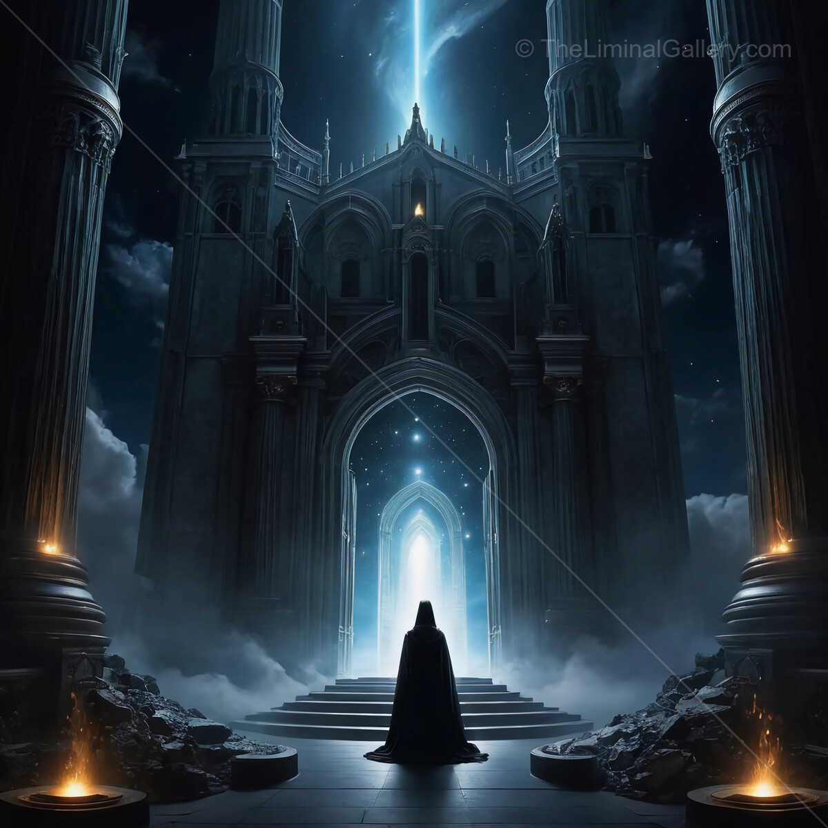 Mystical figure gazes toward the radiant light emanating from a grand archway at twilight