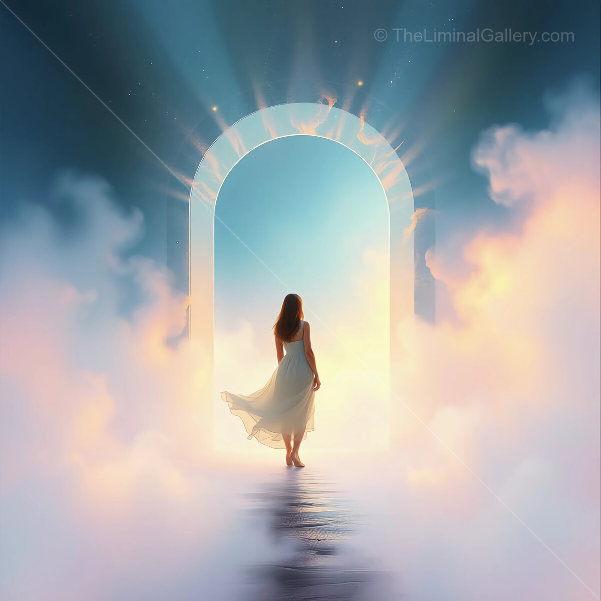 Mystical gateway emerges as a figure in a flowing dress walks into a realm of light and clouds at dusk