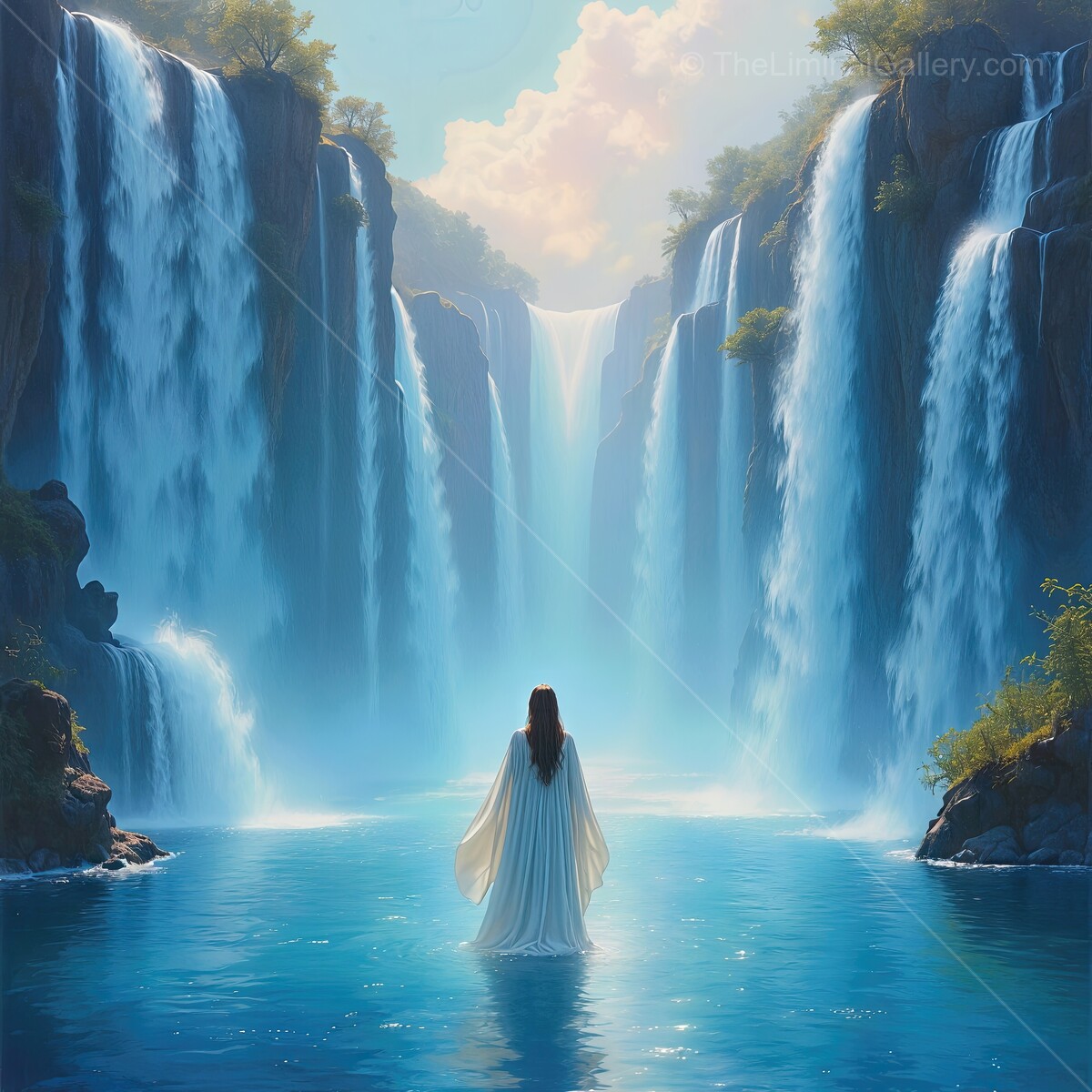 Mystical woman in a flowing gown standing by enchanting waterfalls under a clear sky
