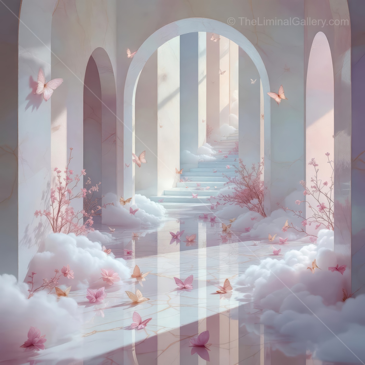 Whispers of serenity in a dreamy pastel archway filled with fluttering butterflies and soft clouds