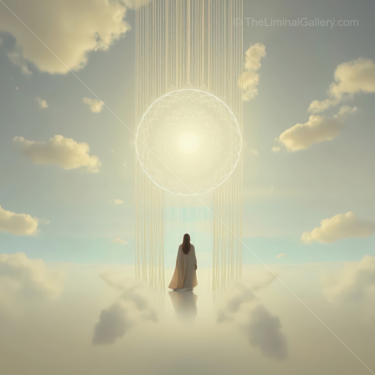 Mystical figure gazes at radiant celestial sphere in ethereal landscape at twilight