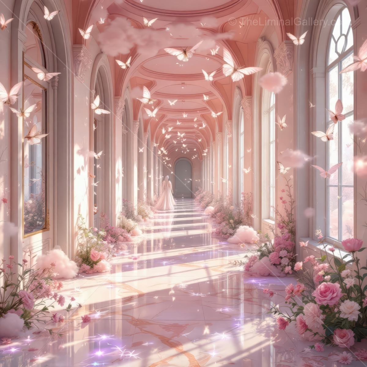 Elegant hallway filled with butterflies and flowers during a whimsical celebration at sunset