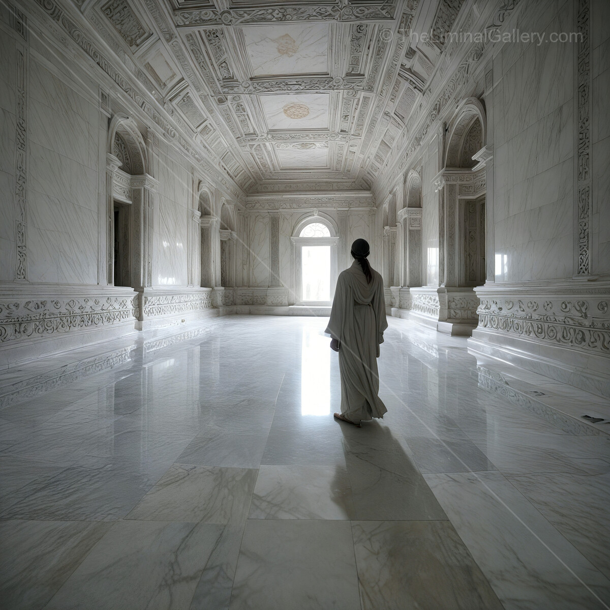 Exploring the serene elegance of a marble hall in tranquil solitude at sunset