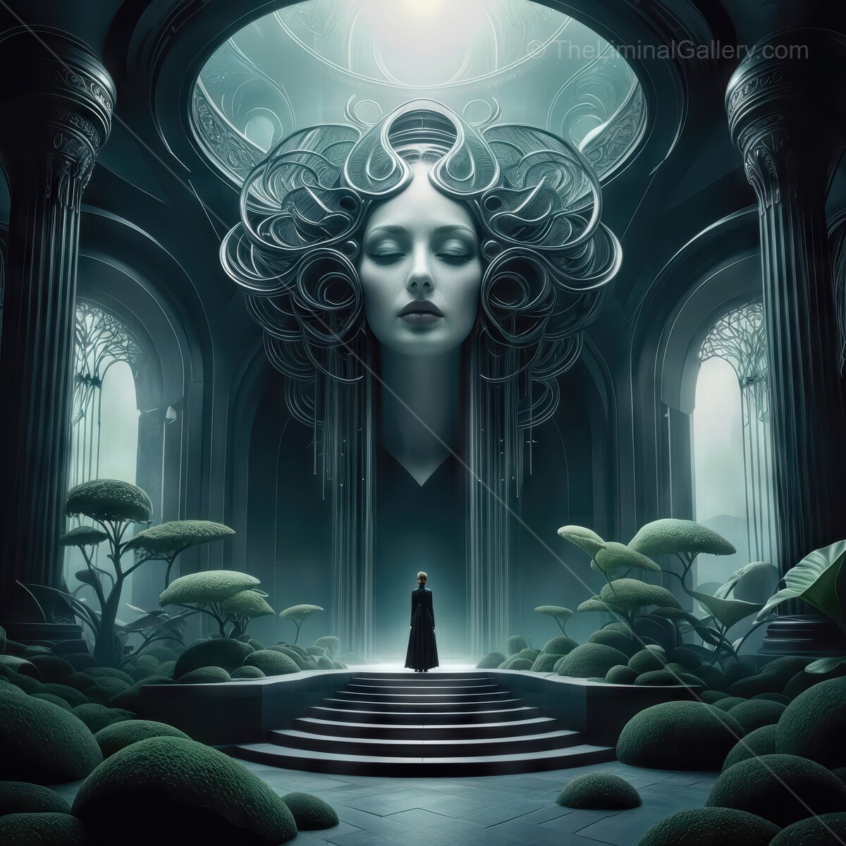 Mysterious figure engaged with a mesmerizing, ethereal presence in a grand, fantastical temple