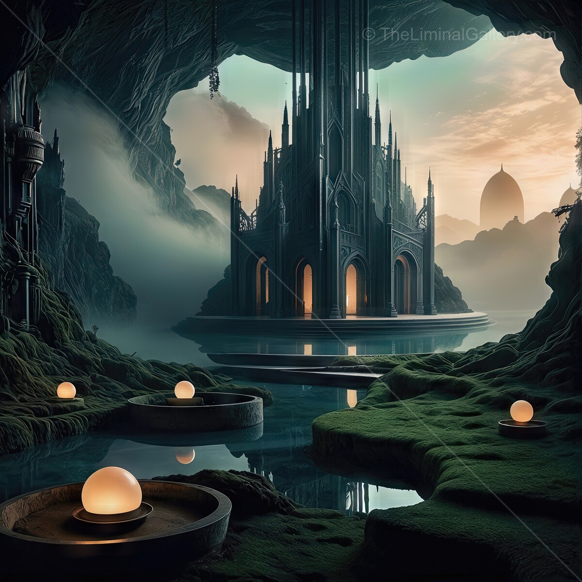 Mysterious castle emerging from mist in an enchanted cave at twilight