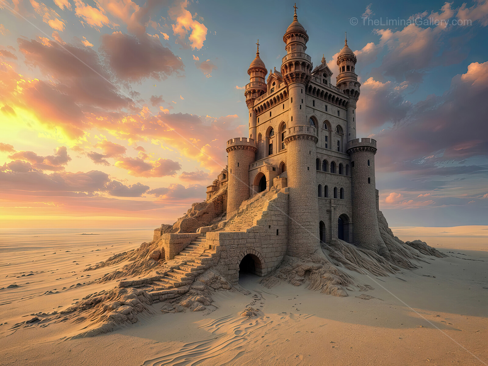 Majestic sand castle stands tall against a vibrant sunset in a vast desert landscape